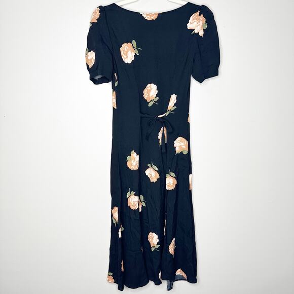Reformation Britt Dress Midi Button-Up V-Neck Short Sleeve Floral Black Size 2 - Picture 2 of 8